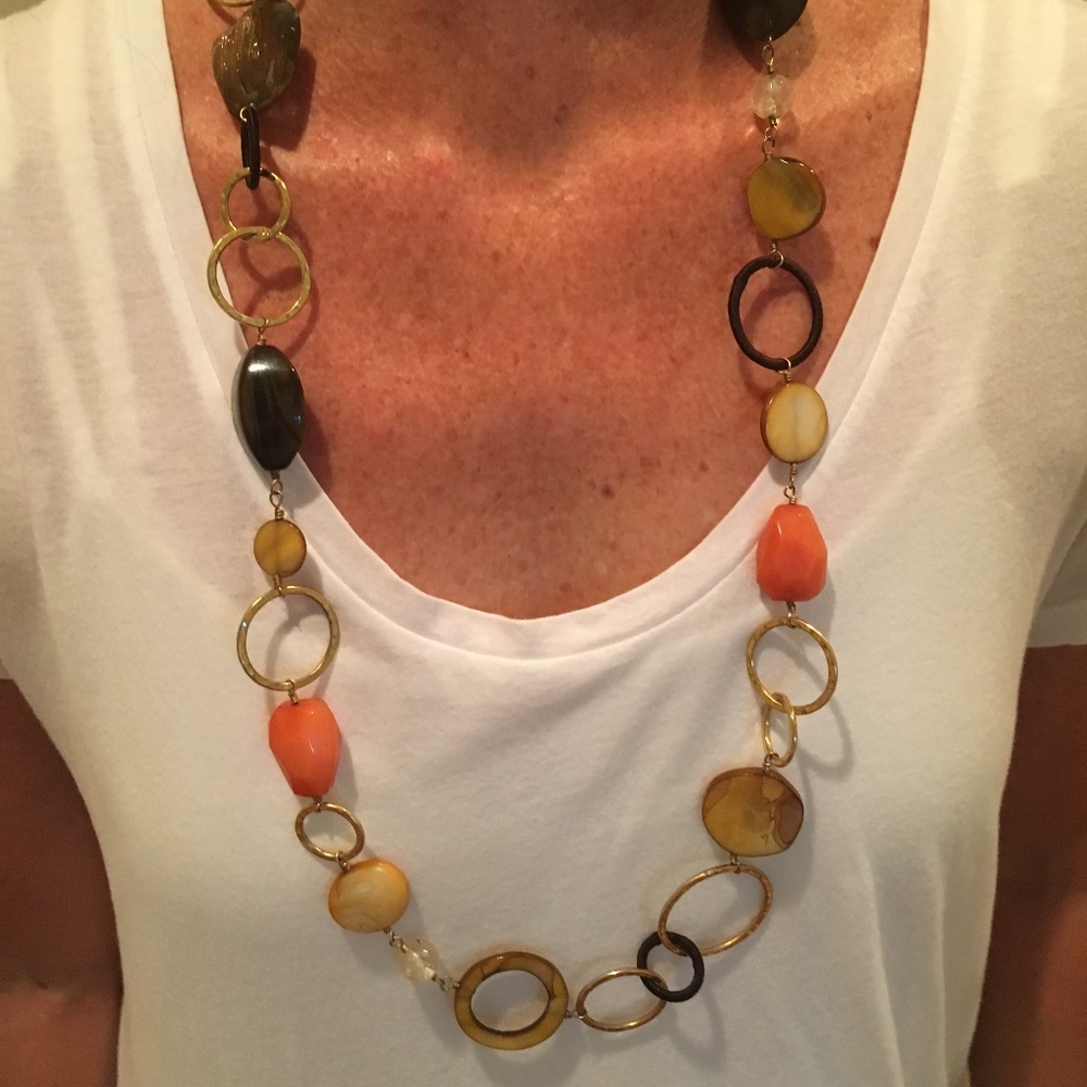 Gold Necklace with Orange and Brown Beads